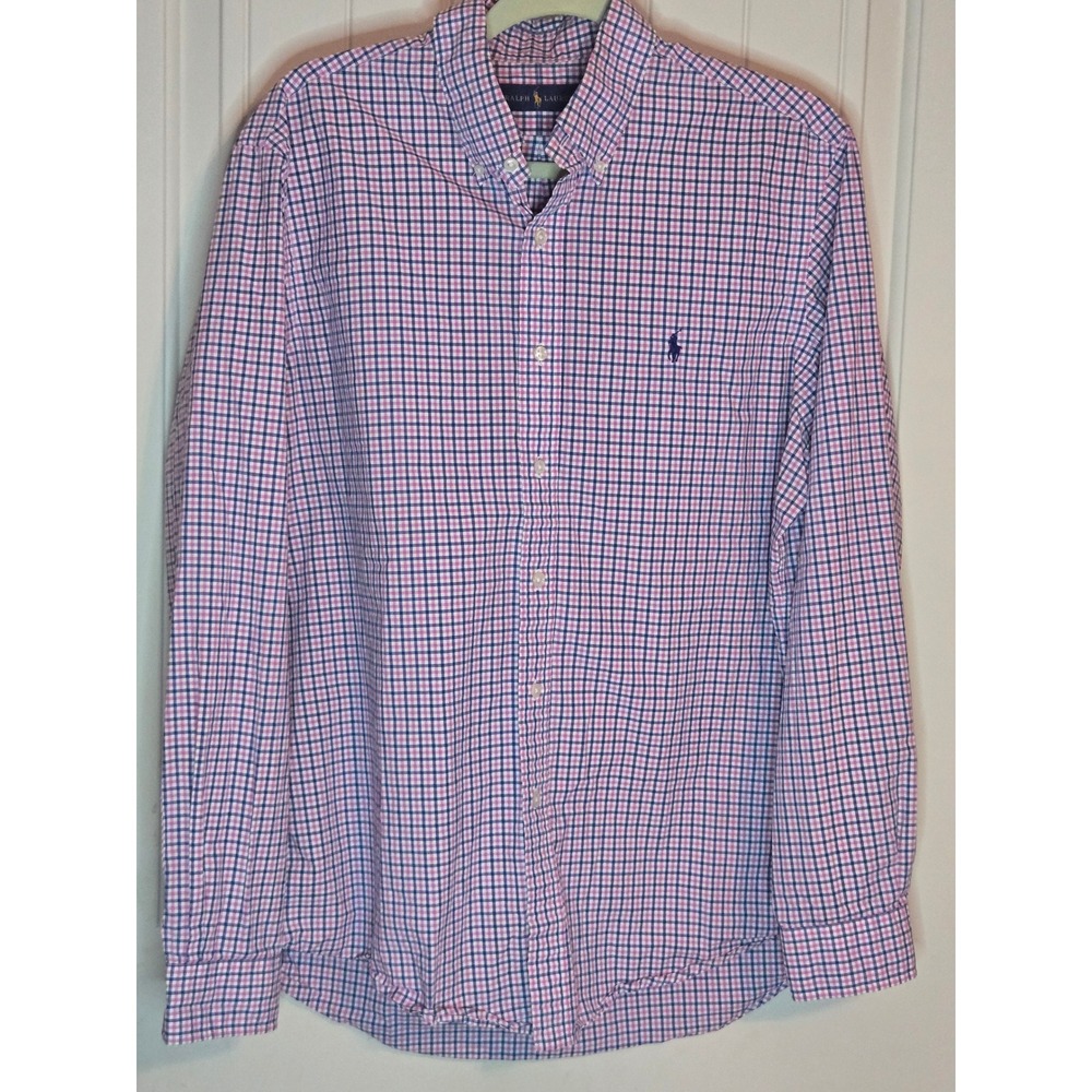 Ralph Lauren Blue Label Men's Large Pink Blue Plaid ButtonDown Shirt Classic Fit